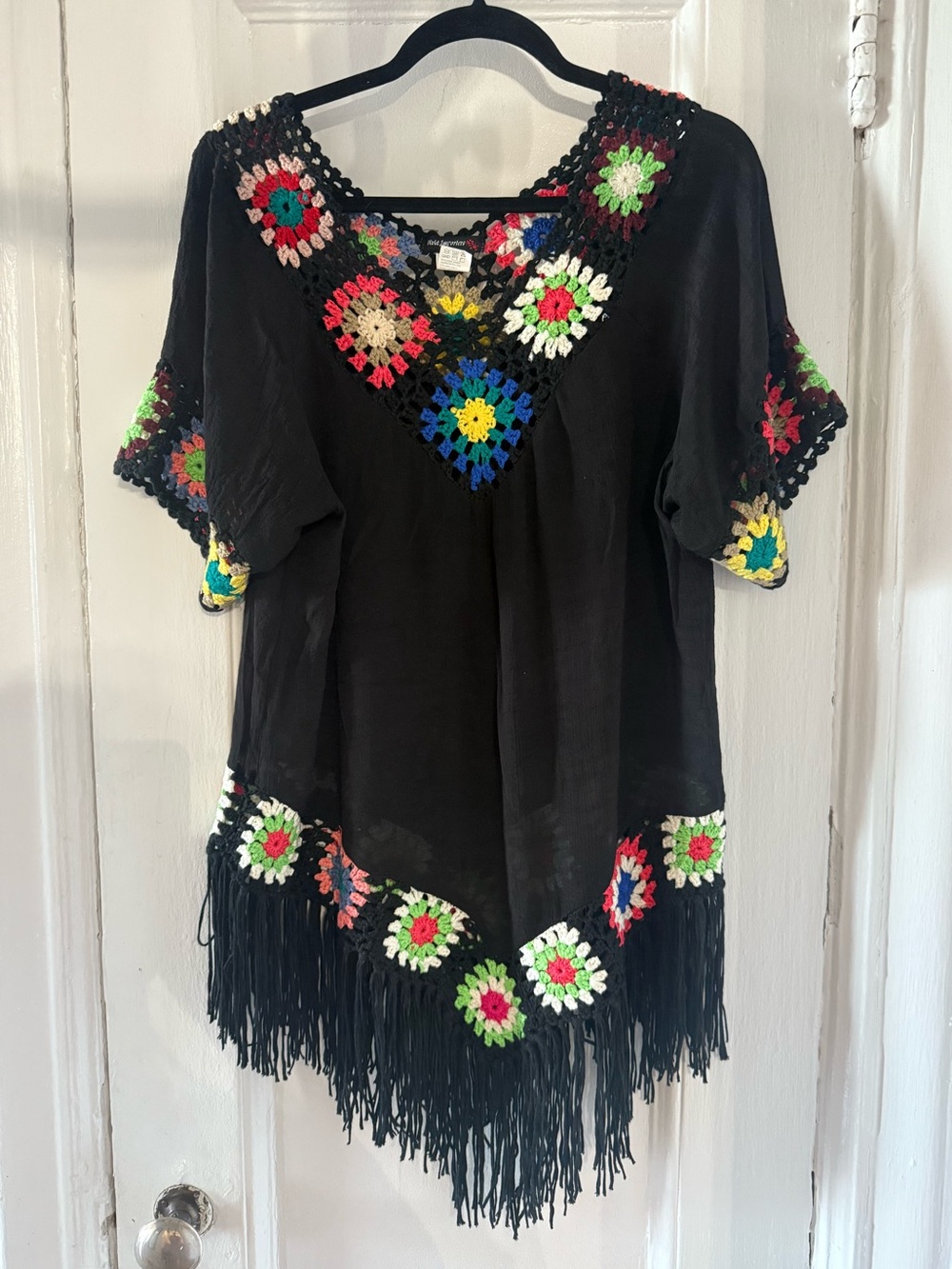 Boho Crochet Accent Black Fringe Women's Top